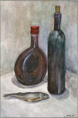 Бутылки и рыбка. Бумага, акварель