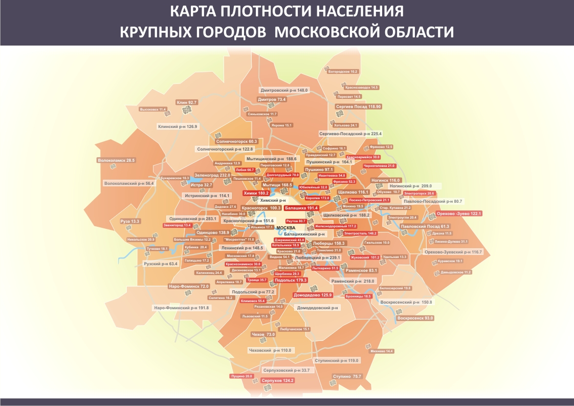 Карта плотности населения крупных городов московской области