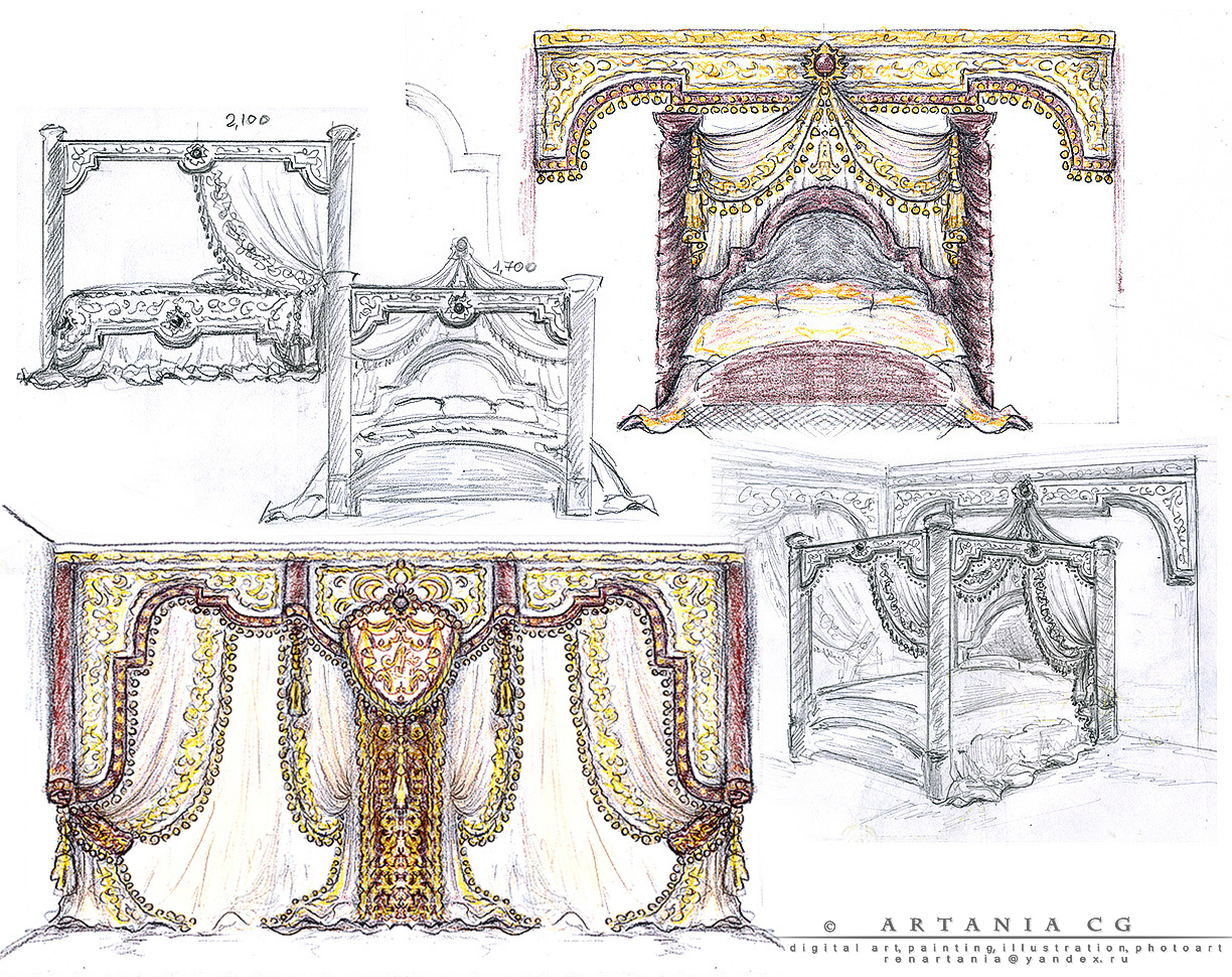 Дизайн-проект классической спальни - ручная графика