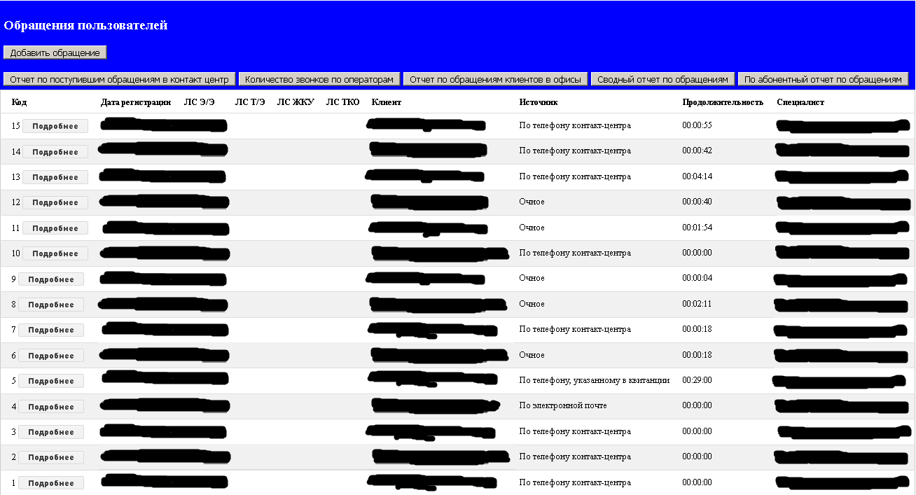 База данных Обращение клиентов