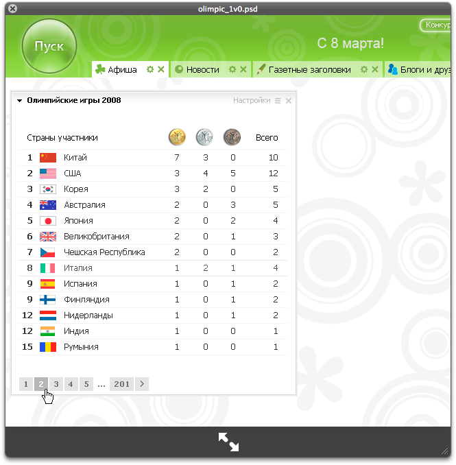 Веб-интерфейс для виджета «Олимпийские игры»