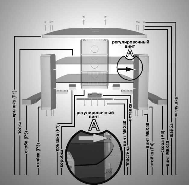 Подставка телевизионная, состав сборочных деталей и крепеж