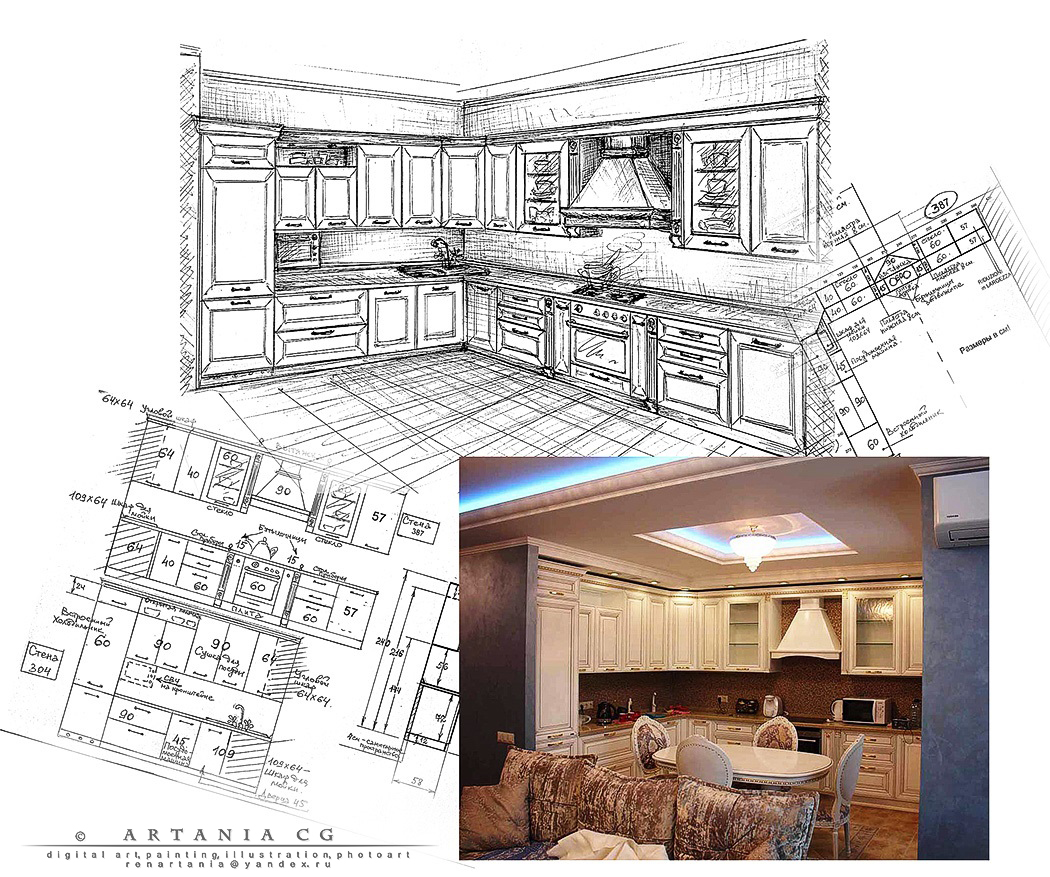 Дизайн-проект - эскизы вручную и фото готового интерьера