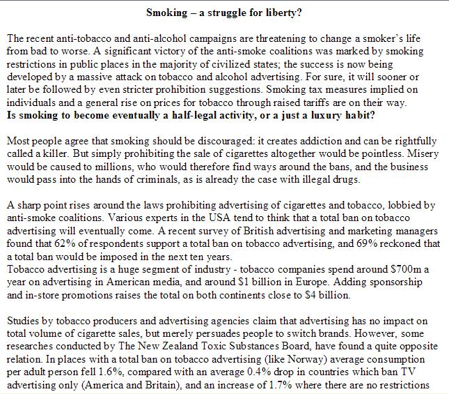 фрагмент статьи (тема:ограничение прав курильщиков) на англ. языке