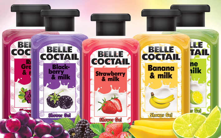 Дизайн этикеток серии ярких фруктовых гелей для душа Belle Coctail