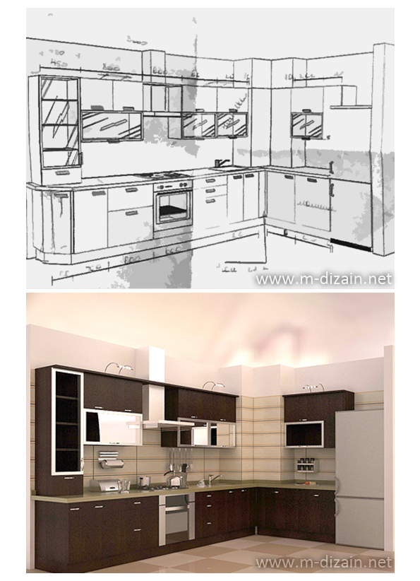 эскиз и 3D визуализация кухни