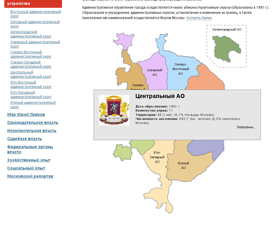 Дизайн карты административных округов Москвы для сайта moscow.ru