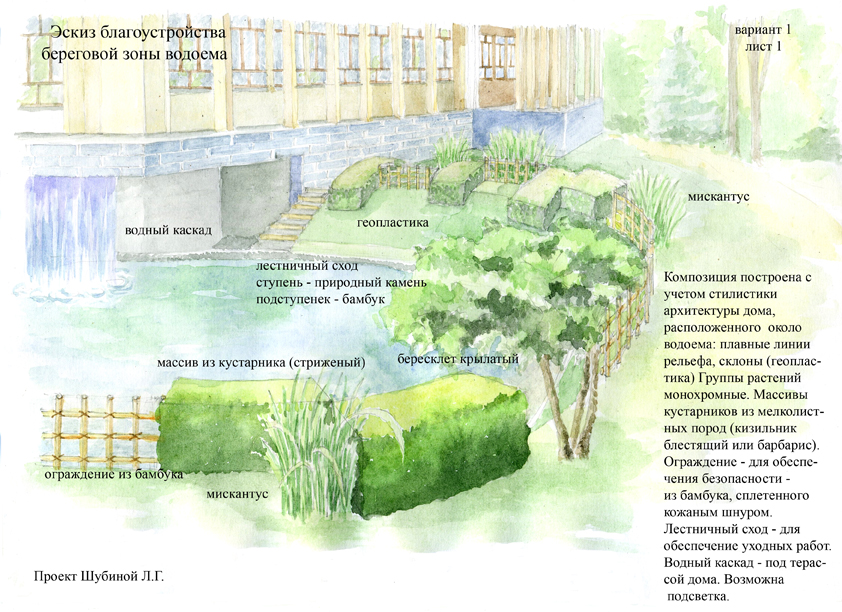 Эскиз благоустройства береговой зоны водоема (вариант 1, лист 1)