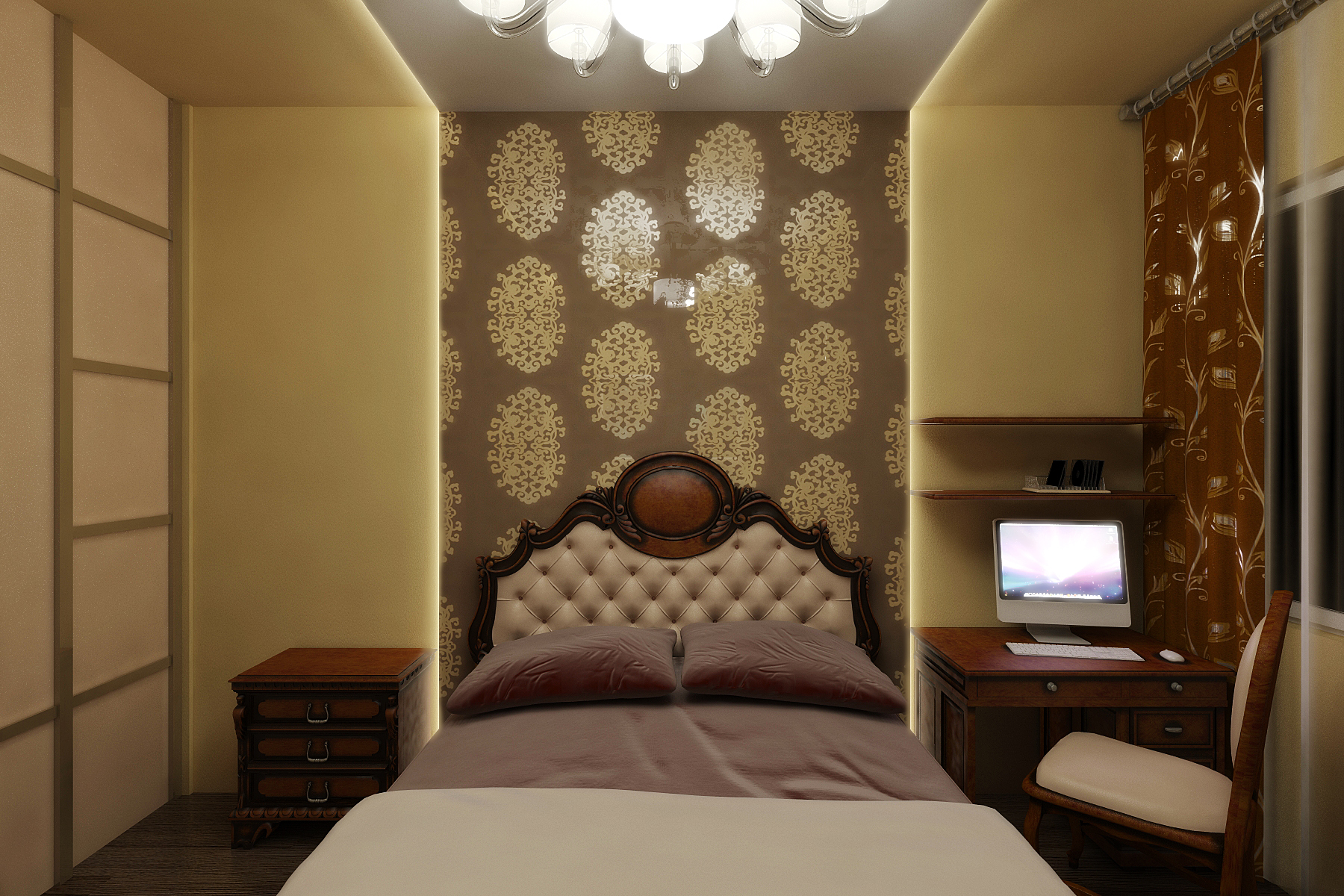 Спальня - вид на кровать, искусственное освещение