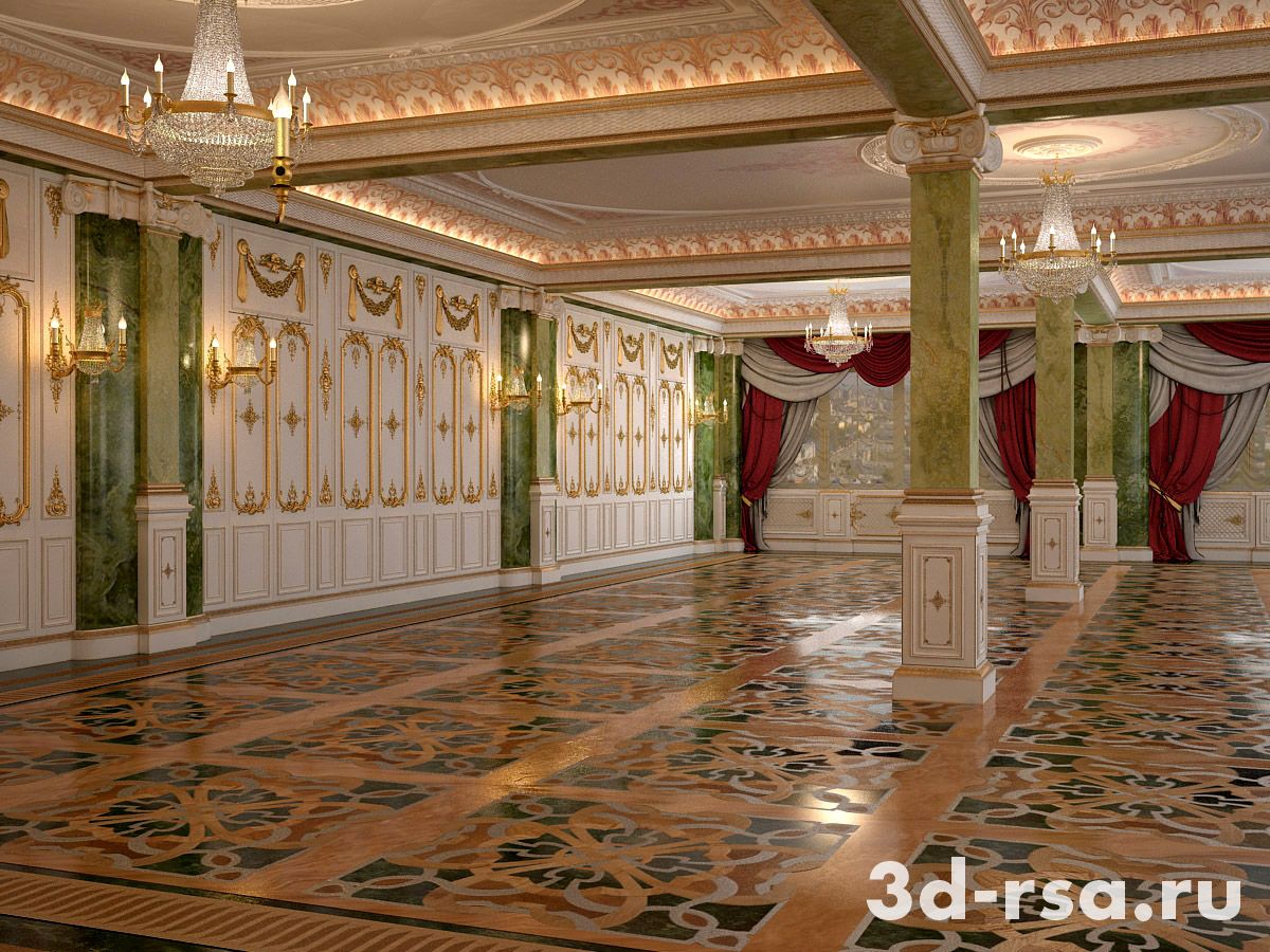 Визуализация банкетного зала гостиницы "Малахит" в стиле ампир