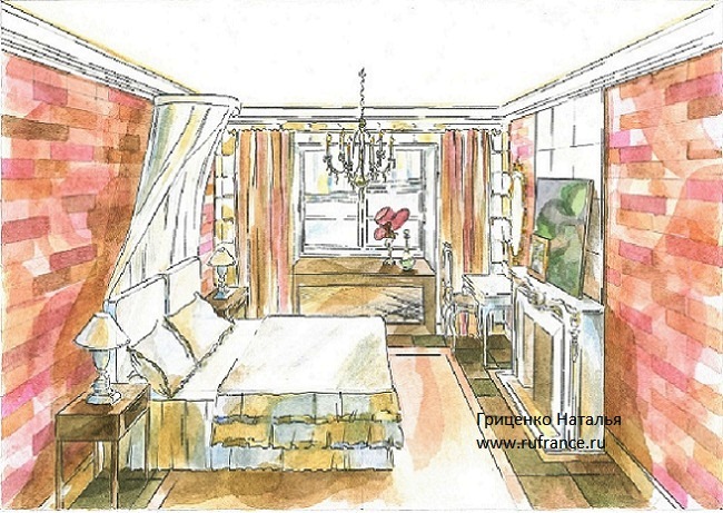 Дизайн интерьера спальни (рисунок).