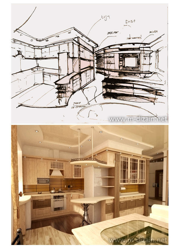 эскиз и визуализация кухни-столовой