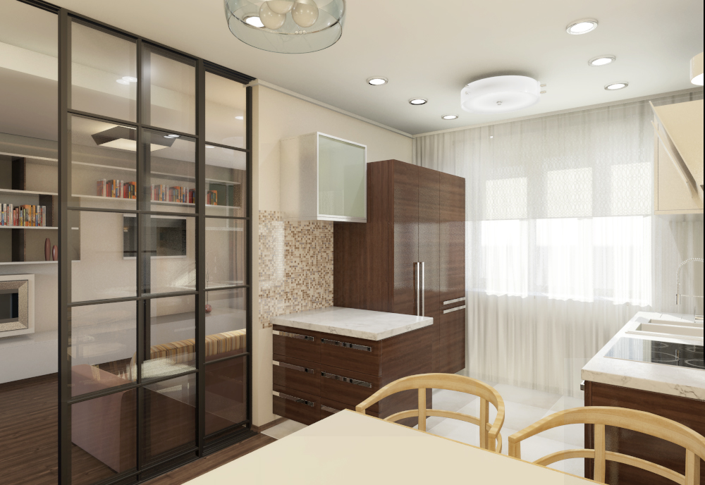 3D визуализация дизайн-проекта интерьера комнаты и кухни