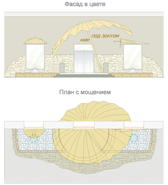 Вход в кафе - фасад и план с мощением в цвете