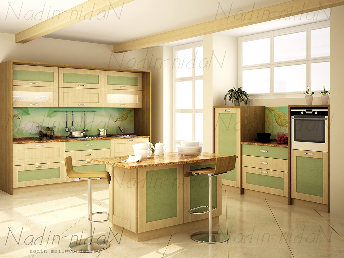 Кухня в бежево-зеленом цвете