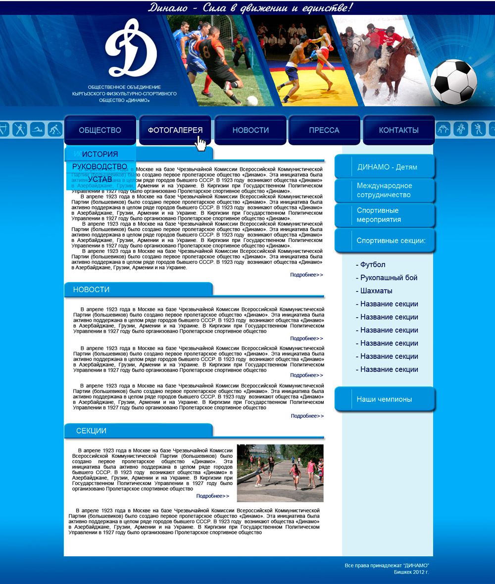 макет сайта для КФСО Динамо (г.Бишкек)