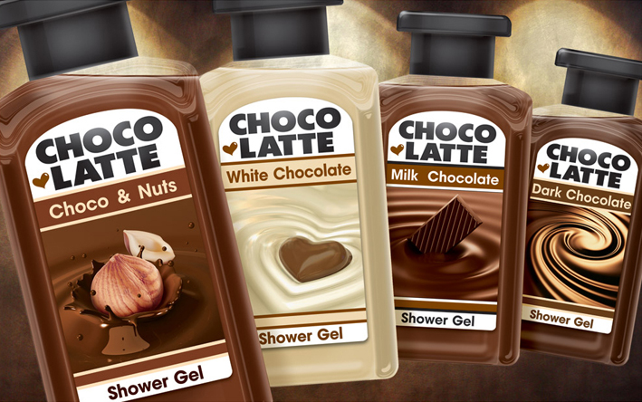 Дизайн этикеток для серии "шоколадных" гелей для душа "Choco Latte"