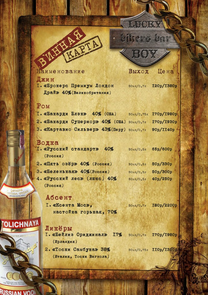 Меню байкерского бара &quot;Lucky Boy&quot;