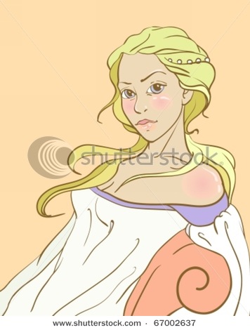 Young goddess or young blond woman in Greece suit.