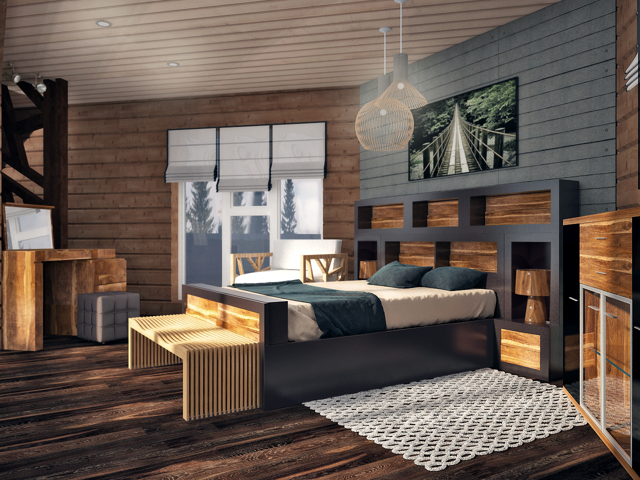 Спальня в деревянном доме из бруса.