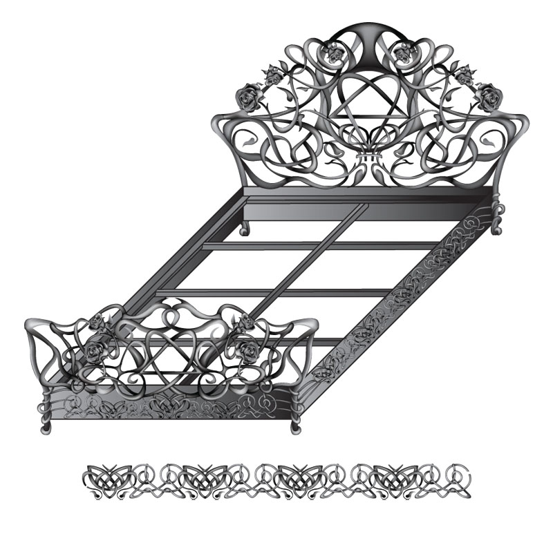 Разработка готического дизайна кровати под ковку, с логотипом HIM